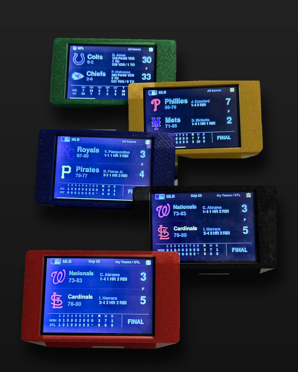 ScorePod in all five colors — black, red, blue, yellow and green