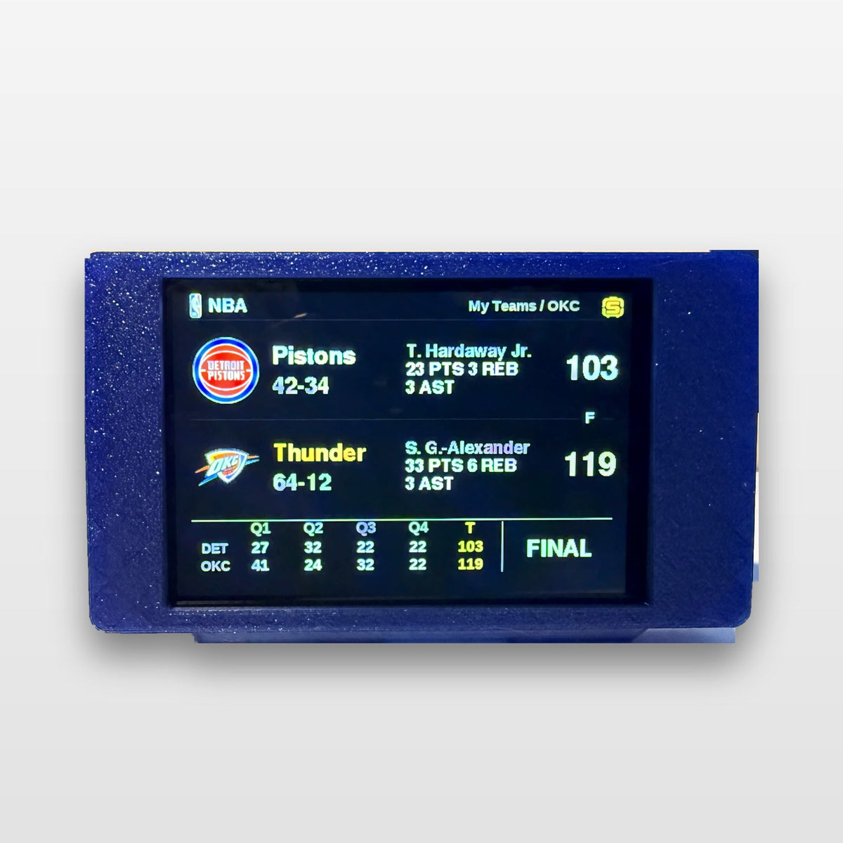 ScorePod in blue showing the NBA My Teams screen with an Oklahoma City Thunder final