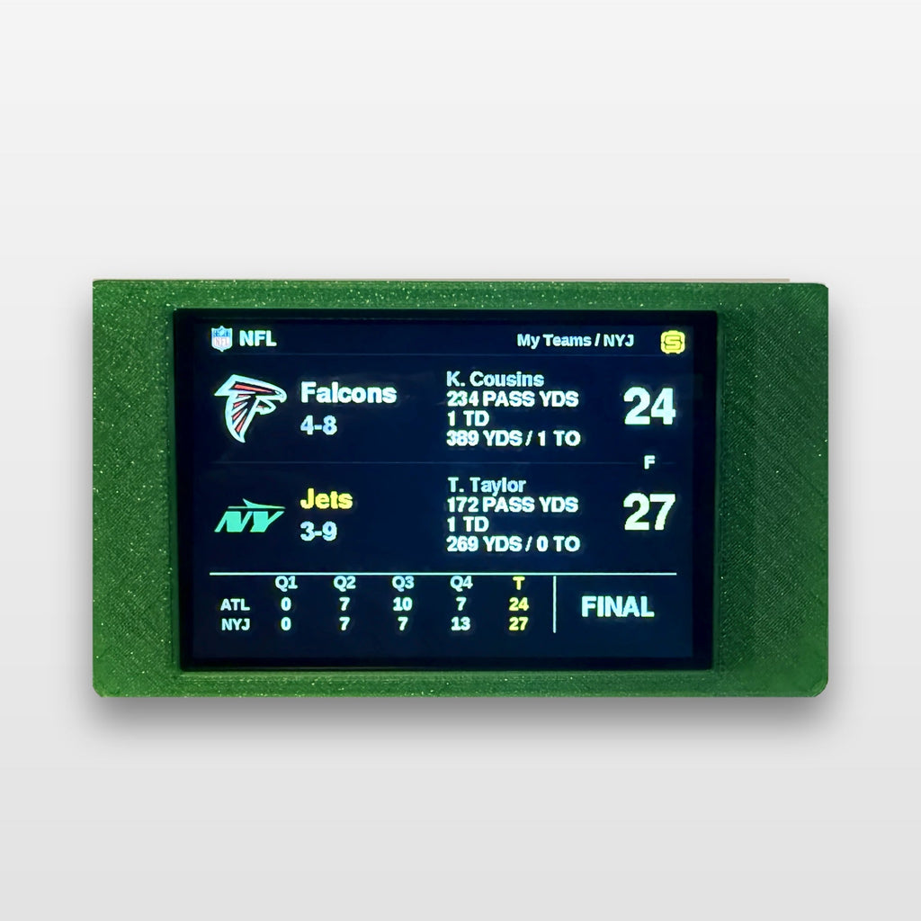 ScorePod in green showing the NFL My Teams screen with a New York Jets final