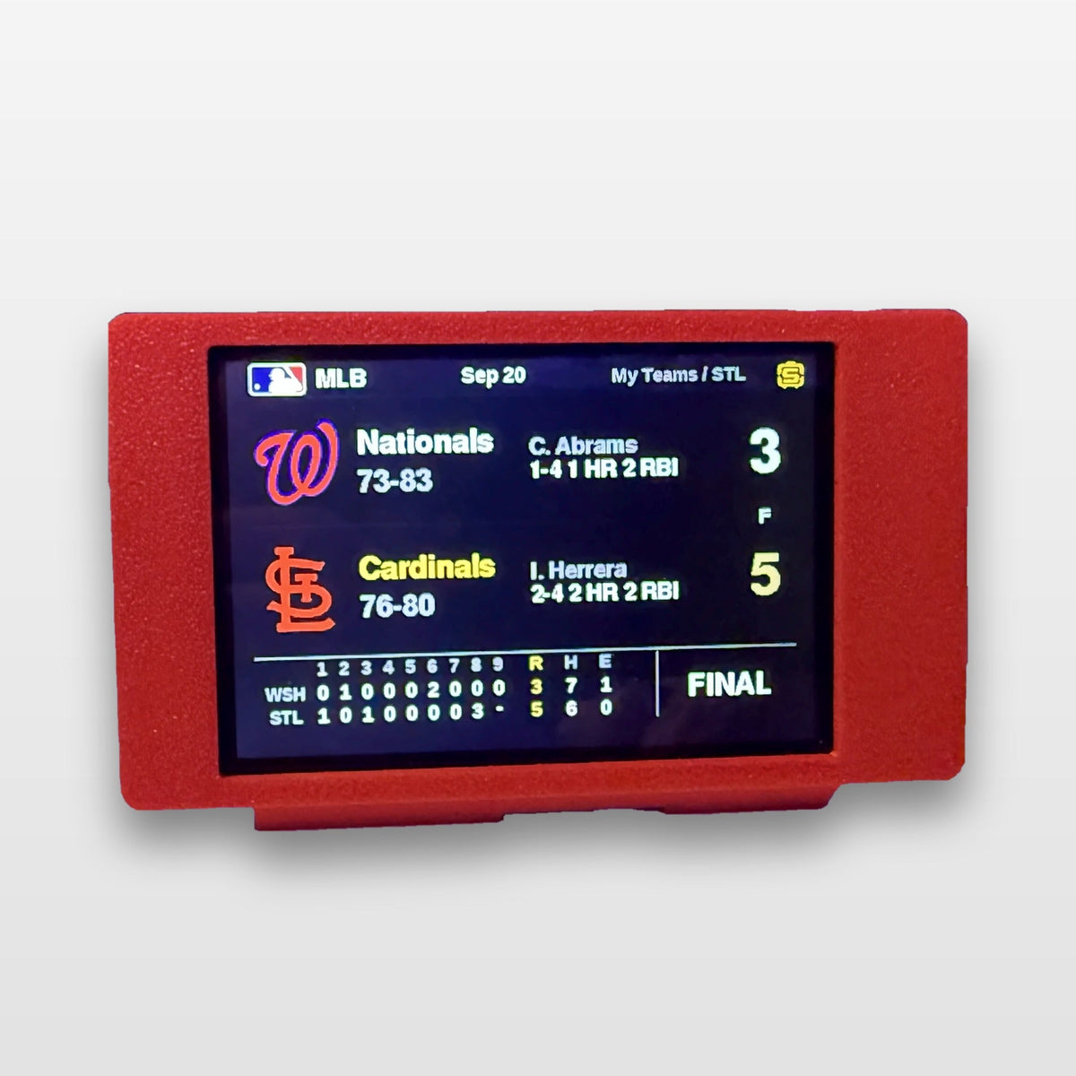 ScorePod in red showing the My Teams screen with a St. Louis Cardinals final score