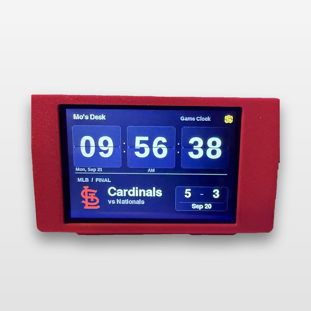ScorePod in red showing the Game Clock screen with the Cardinals' last result