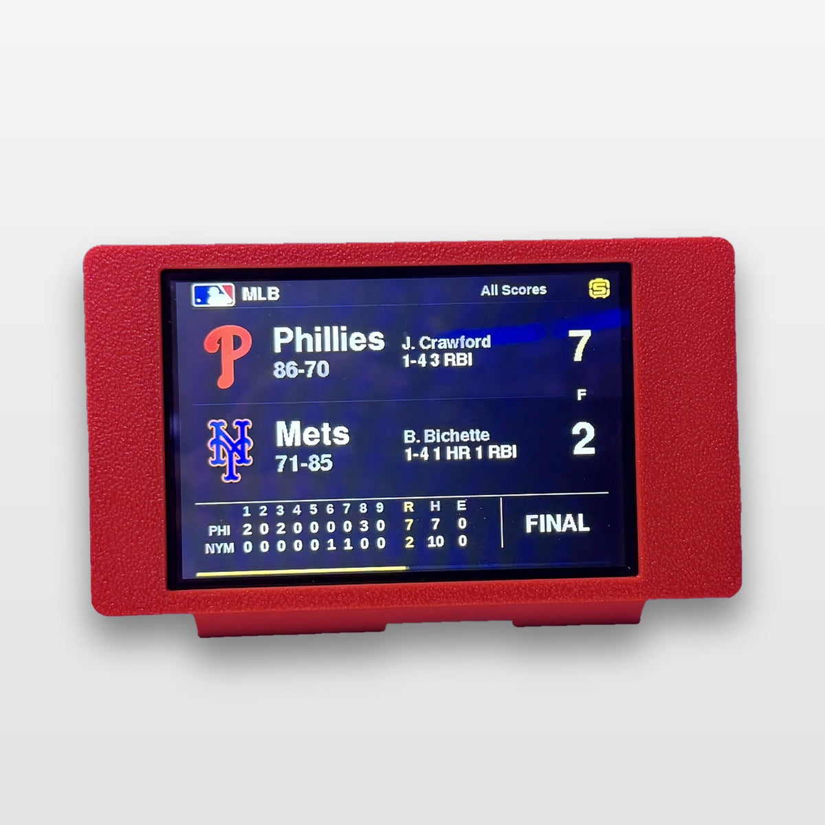ScorePod in red showing the MLB All Scores screen with a final score, line score and player stats