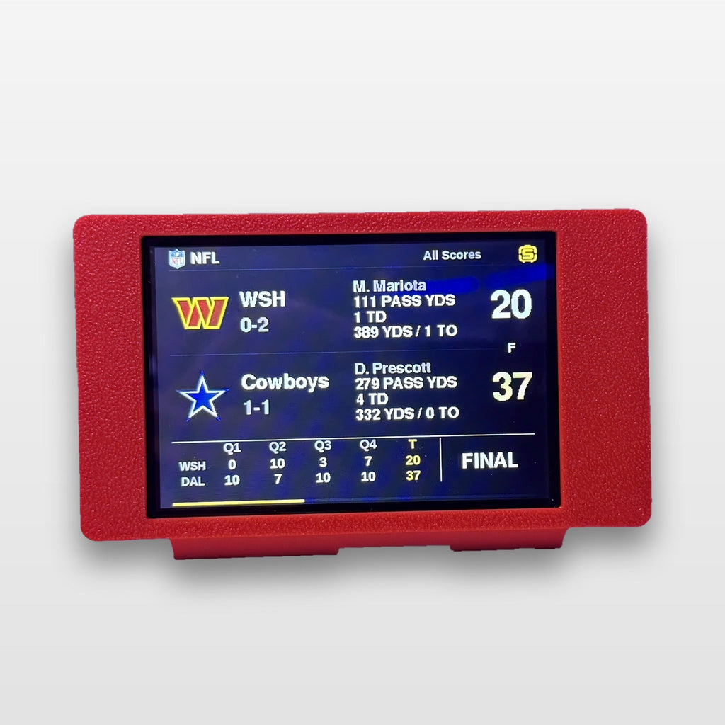 ScorePod in red showing the NFL All Scores screen with a final score and quarter-by-quarter scoring