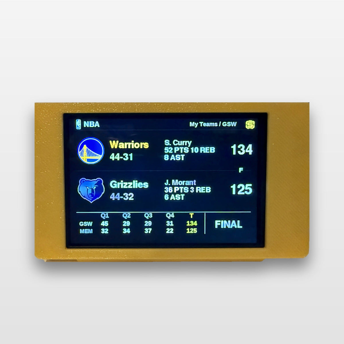 ScorePod in yellow showing the NBA My Teams screen with a Golden State Warriors final