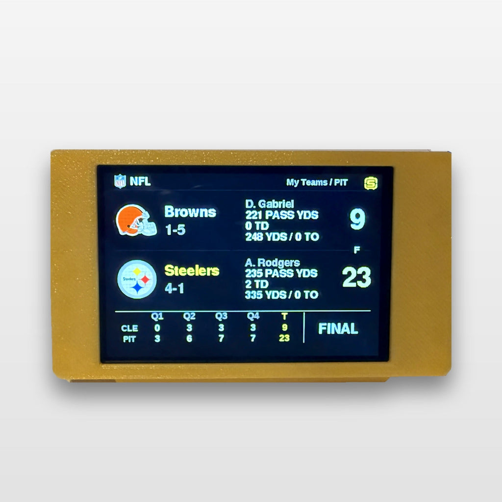 ScorePod in yellow showing the NFL My Teams screen with a Pittsburgh Steelers final